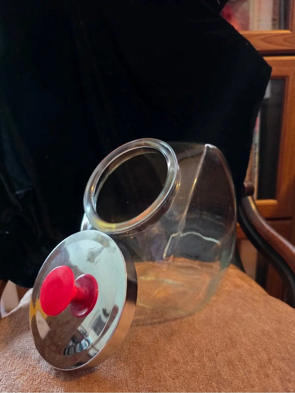 Clear Glass Canister with Silver Lid and Red Knob